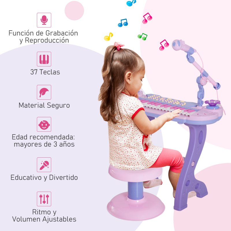 HOMCOM Piano Infantil 37 Teclas Teclado Electrónico Juego de Piano con  Micrófono Taburete Luces y 22 Canciones USB/MP3 Karaoke Modo de Enseñanza  Rosa