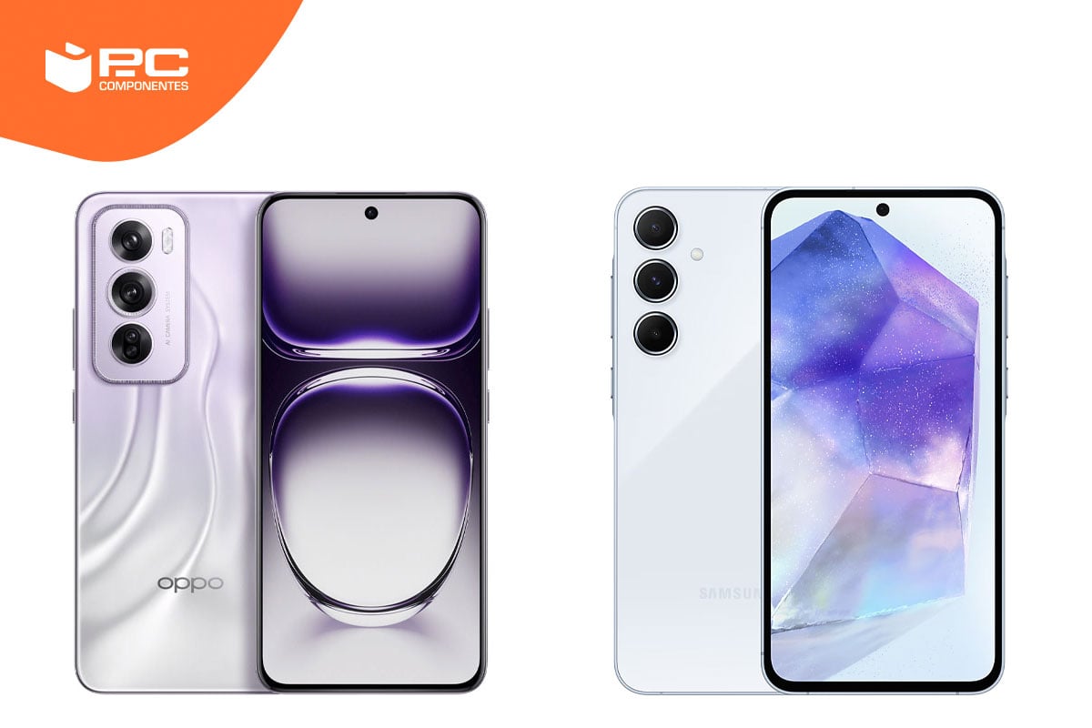 Imagen que compara las vistas frontales y traseras del Oppo Reno 12 Pro y el Samsung Galaxy A55