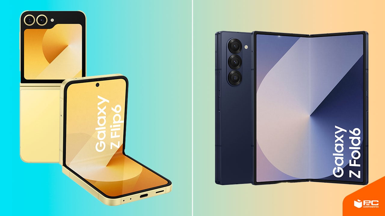 Montaje fotográfico que compara el diseño y dimensiones de los Samsung Galaxy Z Flip 6 y Z Fold 6