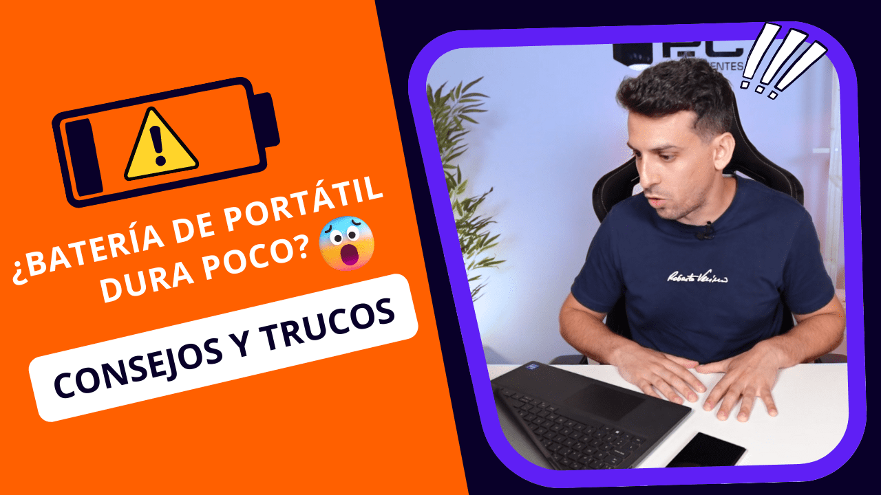 experto en tecnología mira sorprendido a su ordenador portátil por la poca duración de su batería