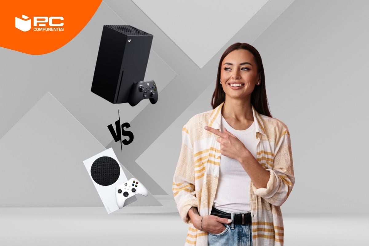 Una chica señala dos consolas: una xbox series X y otra s