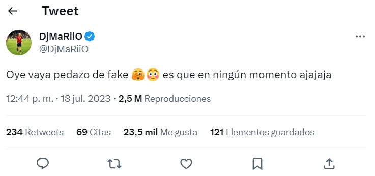 Tuit en el que DjMariio tilda de "fake" la noticia