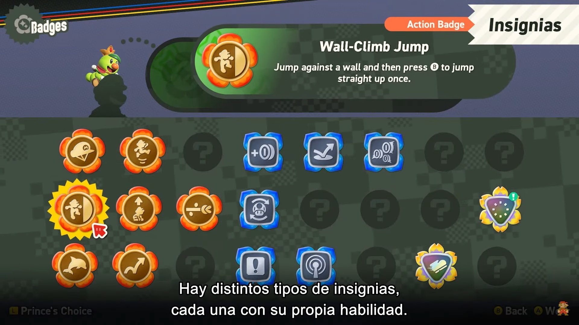 Menú de insignias de Super Mario Bros. Wonder