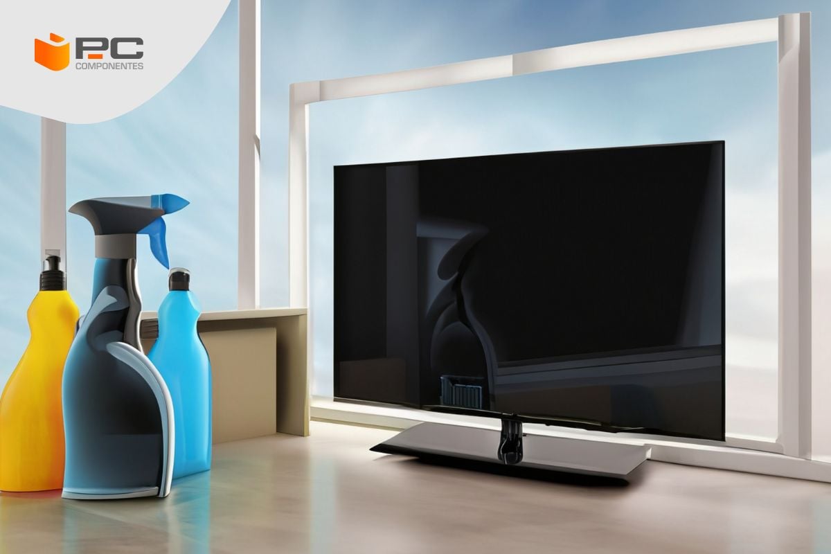 Una pantalla de TV con aparatos de limpieza a su lado