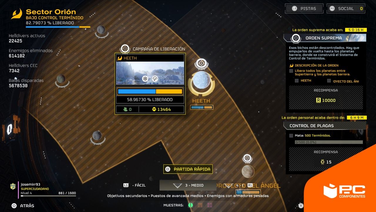 Menú de desafíos secundarios en Helldivers 2