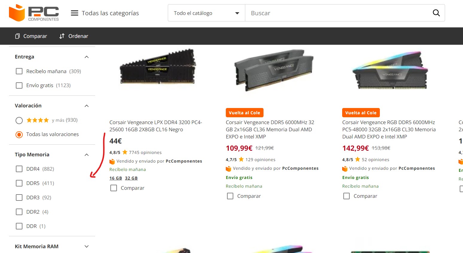 Captura de pantalla de la web de PcComponentes