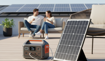 Placa solar portátil conectada a estación de energía en exterior