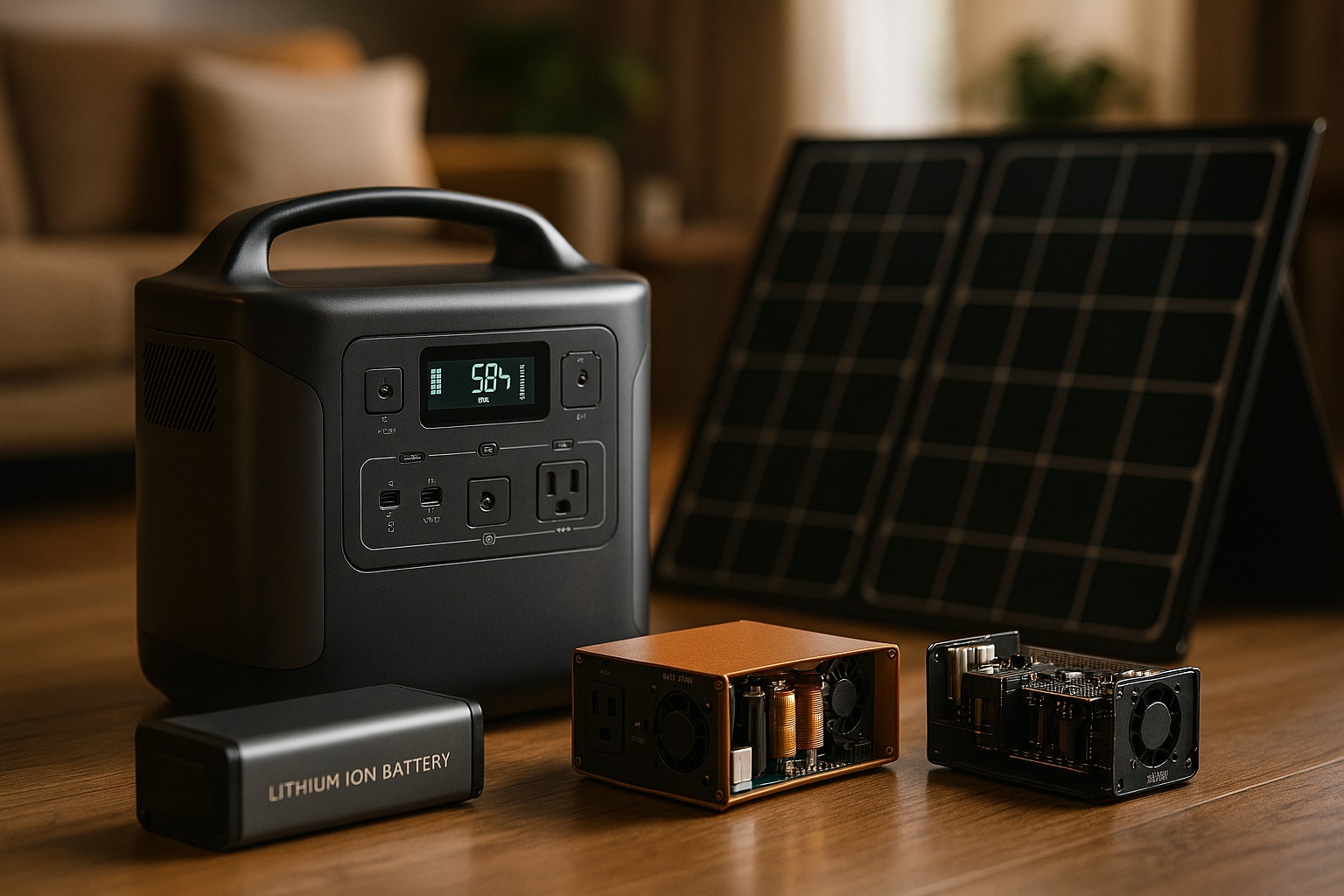 Estación de energía portátil alimentando nevera y router durante un apagón