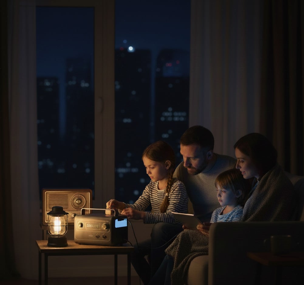 Estación de energía portátil alimentando la nevera y luces en la cocina