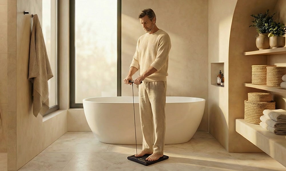 Persona usando la báscula inteligente Withings Body Scan 2
