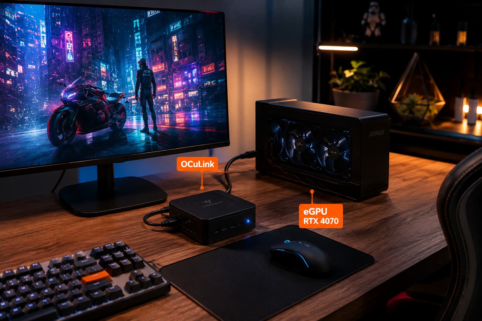 Mini PC conectado a enclosure de GPU externa vía OCuLink