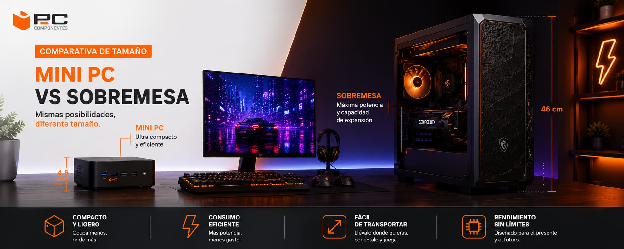 Comparativa de tamaño entre mini PC y torre de sobremesa