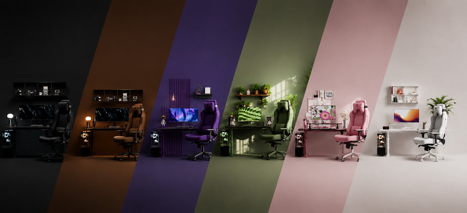 Seis setups gaming Arozzi em preto, castanho, roxo, verde, rosa e branco