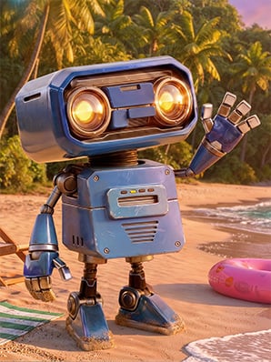 Robot de dibujos animados que saluda con la mano en una playa.