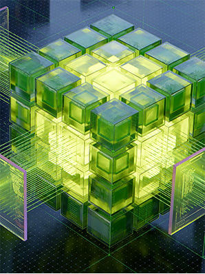 Cubo luminoso formado por bloques verdes sobre una cuadrícula digital.
