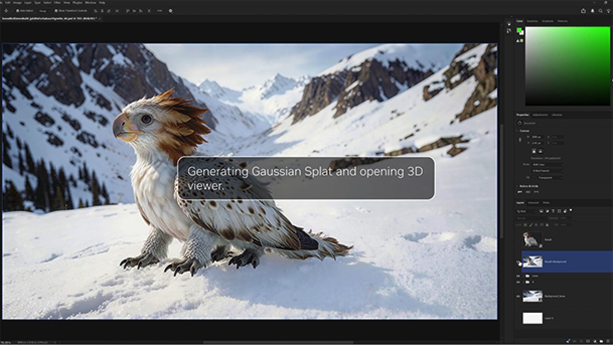 App voor beeldbewerking met een AI-agent die “Generating Gaussian Splat and opening 3D viewer” aangeeft.