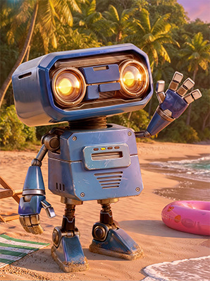 Robot de dessin animé qui salue de la main sur une plage.