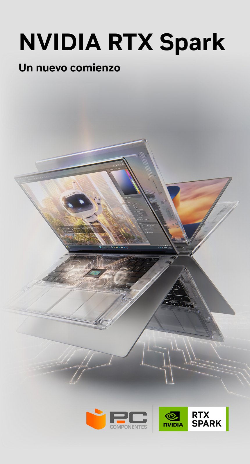 NVIDIA RTX Spark, une nouvelle ère. PC portable avec la puce apparente et logos de PcComponentes et de RTX Spark.