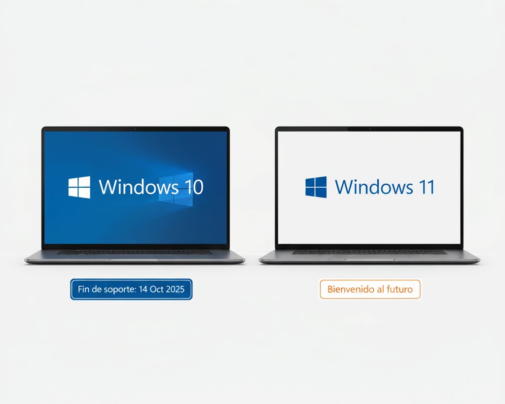 Dos portátiles sobre fondo blanco: a la izquierda “Windows 10”, a la derecha “Windows 11”. Aviso inferior: “Fin de soporte: 14 Oct 2025”.