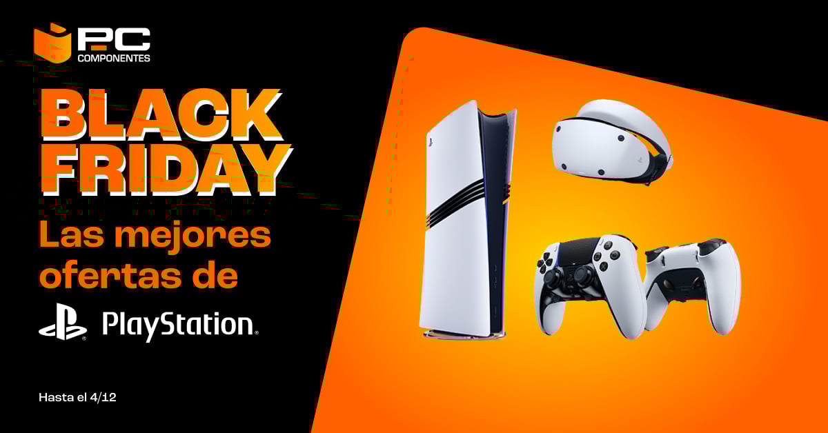 Ofertas PS5 Black Friday 2025 con consolas y accesorios en primer plano Ofertas Black Friday PS5 con PS5 Slim, PS5 Pro, mando DualSense y PlayStation VR2