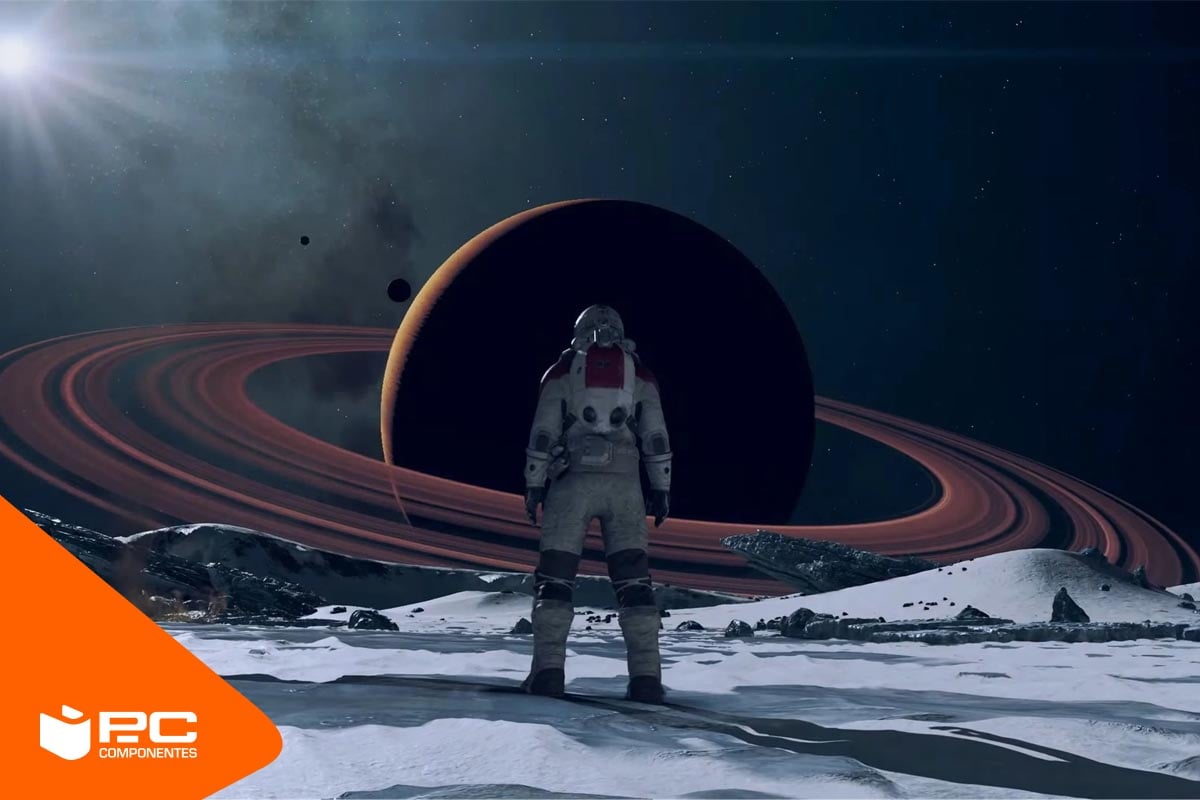 Fotograma del videojuego Starfield junto al logo de PcComponentes